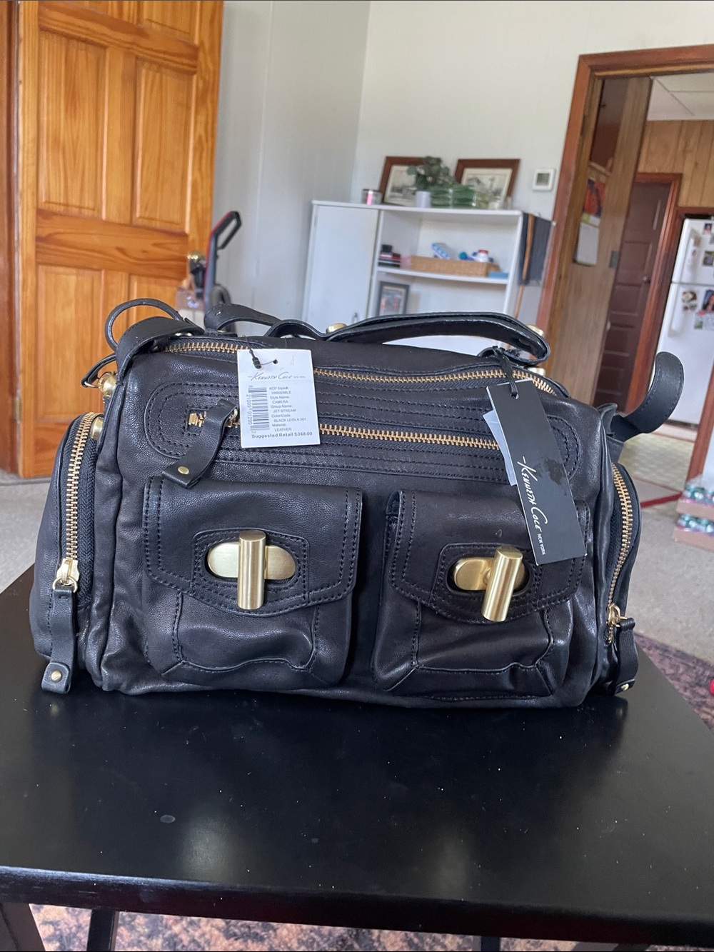Kenneth Cole New York Black Leather Camera Crossbody with Gold Hardware